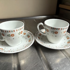 Puede incluir: Dos tazas de té blancas con patrones florales naranjas y verdes sobre un platillo blanco. Las tazas de té tienen un interior blanco y un borde blanco.
