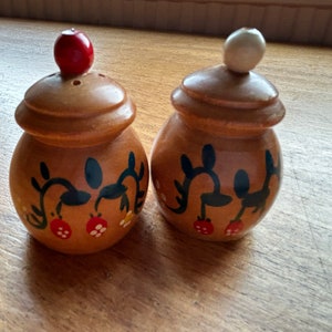 May include: Two wooden salt and pepper shakers with painted floral designs and red and white tops.