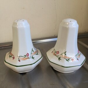 Puede incluir: Dos saleros de cerámica blanca con diseño floral y cinta. Los saleros tienen forma hexagonal, borde verde y agujeros para dispensar sal. El diseño incluye flores rosas y una cinta melocotón.