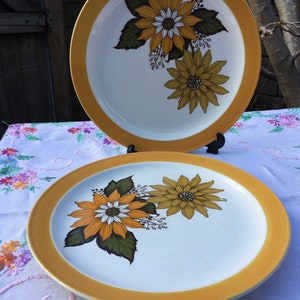 May include: Two white ceramic dinner plates with a yellow rim and a floral design featuring brown leaves and yellow and white flowers.