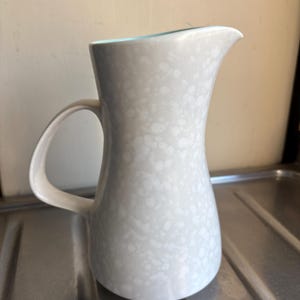 Può includere: Una brocca in ceramica caratterizzata da un colore di base grigio chiaro con un motivo maculato o punteggiato bianco su tutto l'esterno. Il recipiente presenta un manico curvo sul lato sinistro e un beccuccio largo e appuntito.