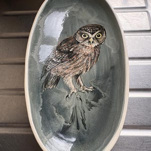 May include: Oval ceramic serving platter featuring a hand-painted owl. The owl has brown and white feathers, yellow eyes, and black talons. The platter has a grey-green background and a white rim. A decorative item for the home, ideal for serving.