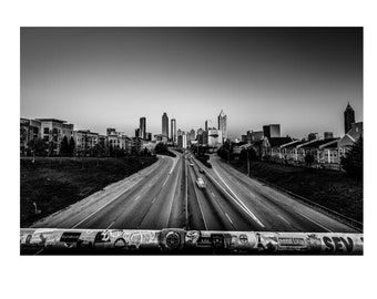 Atlanta Skyline Photography, Jackson St Bridge View, Black and White, Downtown ATL Photograph Atlanta Art, City Photo Print