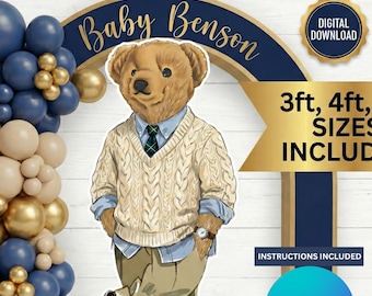 Big Preppy Bear Baby Shower Cutout, Teddy Bear Printable Party Backdrop Prop DIY