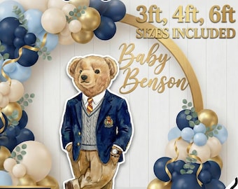 Big Teddy Bear Baby Shower Cutout, Preppy Bear Printable Party Backdrop Prop DIY
