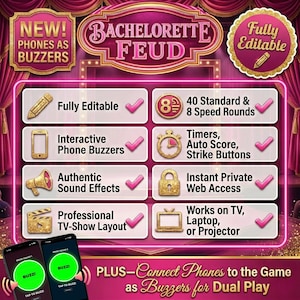 Bachelorette Feud Game, Editable Game Show with Auto Score, Phone Buzzers, Timers, Party Games for Adults