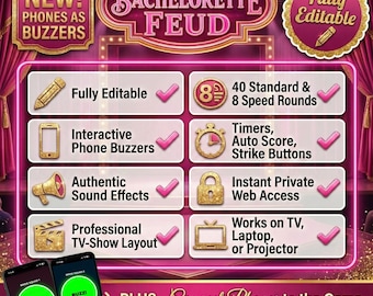 Bachelorette Feud Game, Editable Game Show with Auto Score, Phone Buzzers, Timers, Party Games for Adults