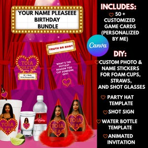 Paquete para fiesta de cumpleaños / Juego de beber personalizado, Decoración de fiesta personalizada, Invitación animada, Plantillas DIY / Cumpleaños, Despedida de soltera, Noche de chicas