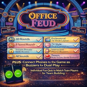 Puede incluir: Imagen promocional de "Office Feud", un juego de preguntas por equipos. El diseño presenta un escenario con luces de neón y el logotipo del juego. Incluye 40 rondas, rondas rápidas, acceso web y timbres telefónicos. Dos teléfonos muestran "BUZZ!"