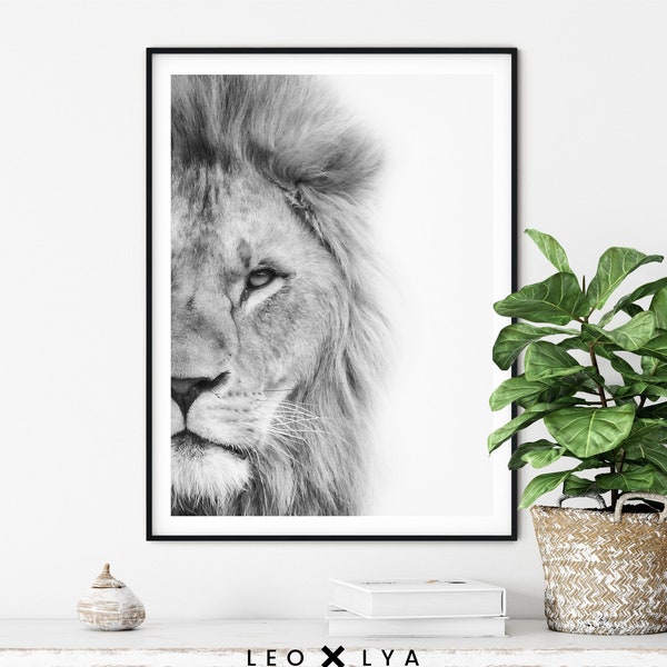 Cartel de animales, Foto de león, Cartel de Safari, Impresión digital de león, Decoración de África, Animales africanos, Foto de naturaleza en blanco y negro