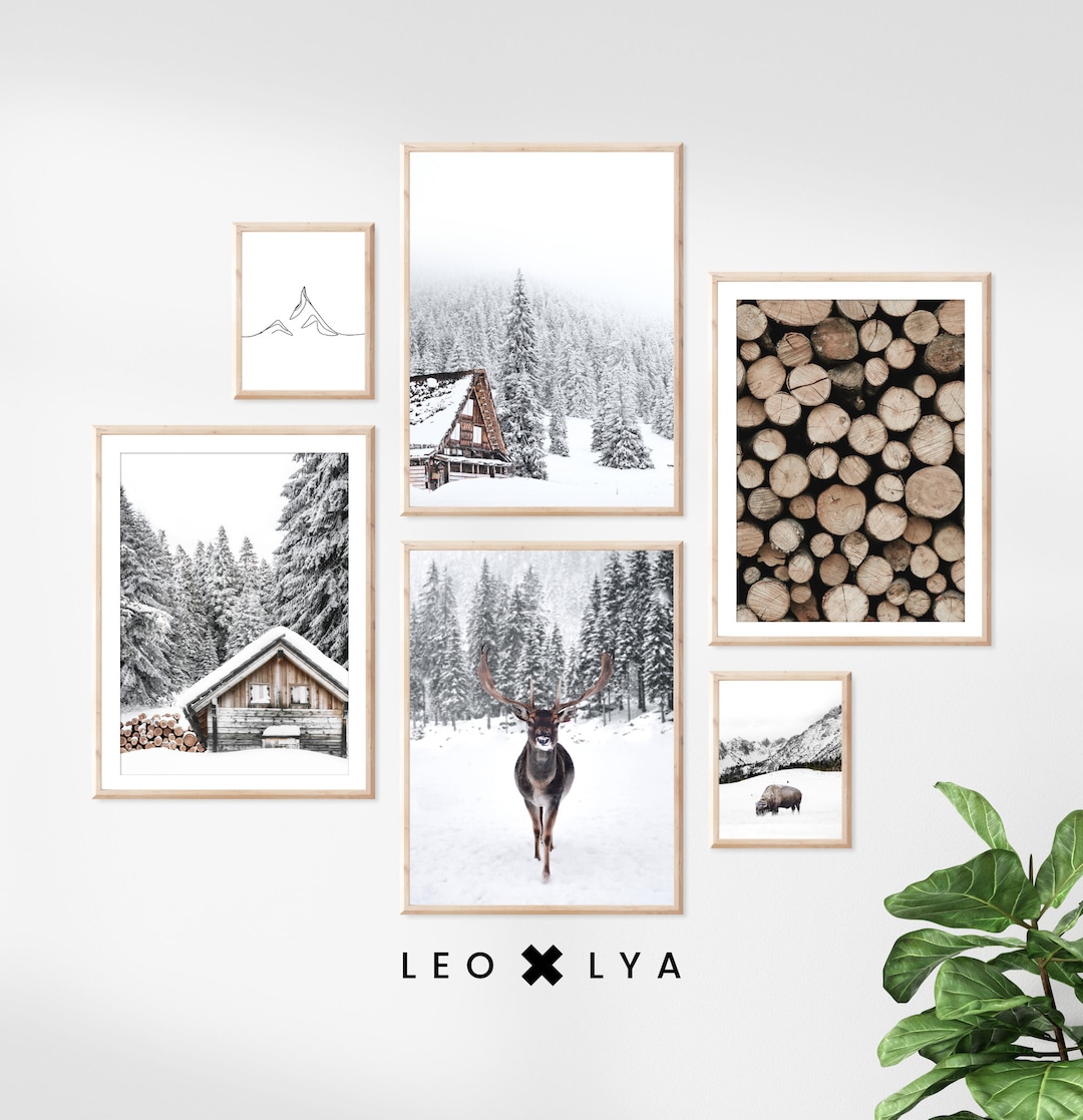 Winter Wonderland Wall Art Set, Snowy Forest, Wood Logs, Mountain