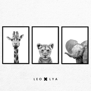 Baby Safari Animal Prints, Nursery Room Decor, Printable Wall Art, Set of 3 Jungle Animals, Baby Shower Gift, Lion Cub Giraffe Elephant Art