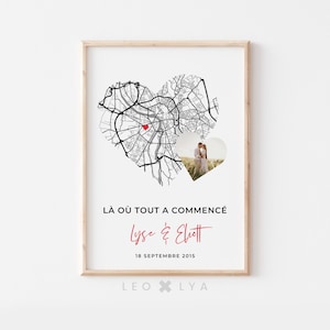 Affiche personnalisée "Là où tout a commencé" – Carte lieu de rencontre & Photo personnalisée - Forme de cœur – Cadeau couple