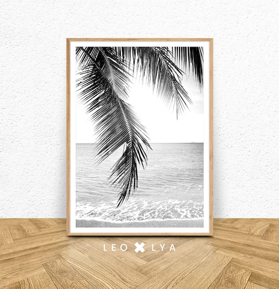 Poster tropical, photographie noir et blanc, feuilles de palmier, photo océan, plage tropicale, impression palmier, arbre tropical