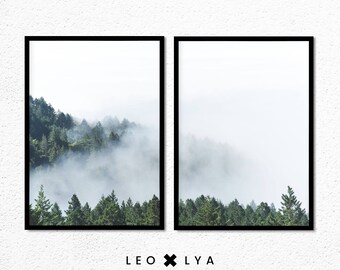 Foto di foresta, foto di paesaggio, set di 2 poster, poster di foresta, paesaggio nebbioso, foglie verdi, poster di piante, foresta di abeti verdi, natura