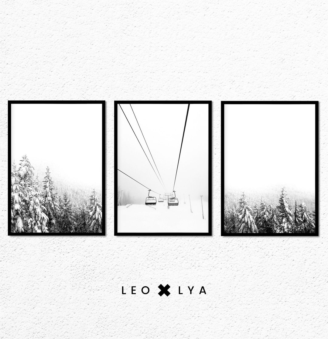 Set of 3 Prints, Winter Snowy Trees Poster, Black White Winter Forest ...