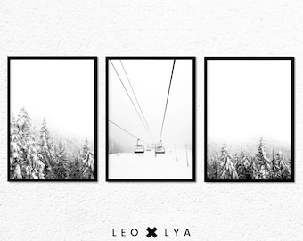Conjunto de 3 pósteres de invierno: póster de abeto nevado, foto de paisaje invernal, póster de esquí, cuadro de chalet, decoración de montaña, blanco y negro