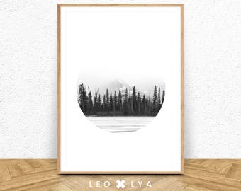 Forest Printable Wall Art, Forest Photography, Black and White Print, Landscape Prints, Scandinavian Print Art, Forest Circle Art Print