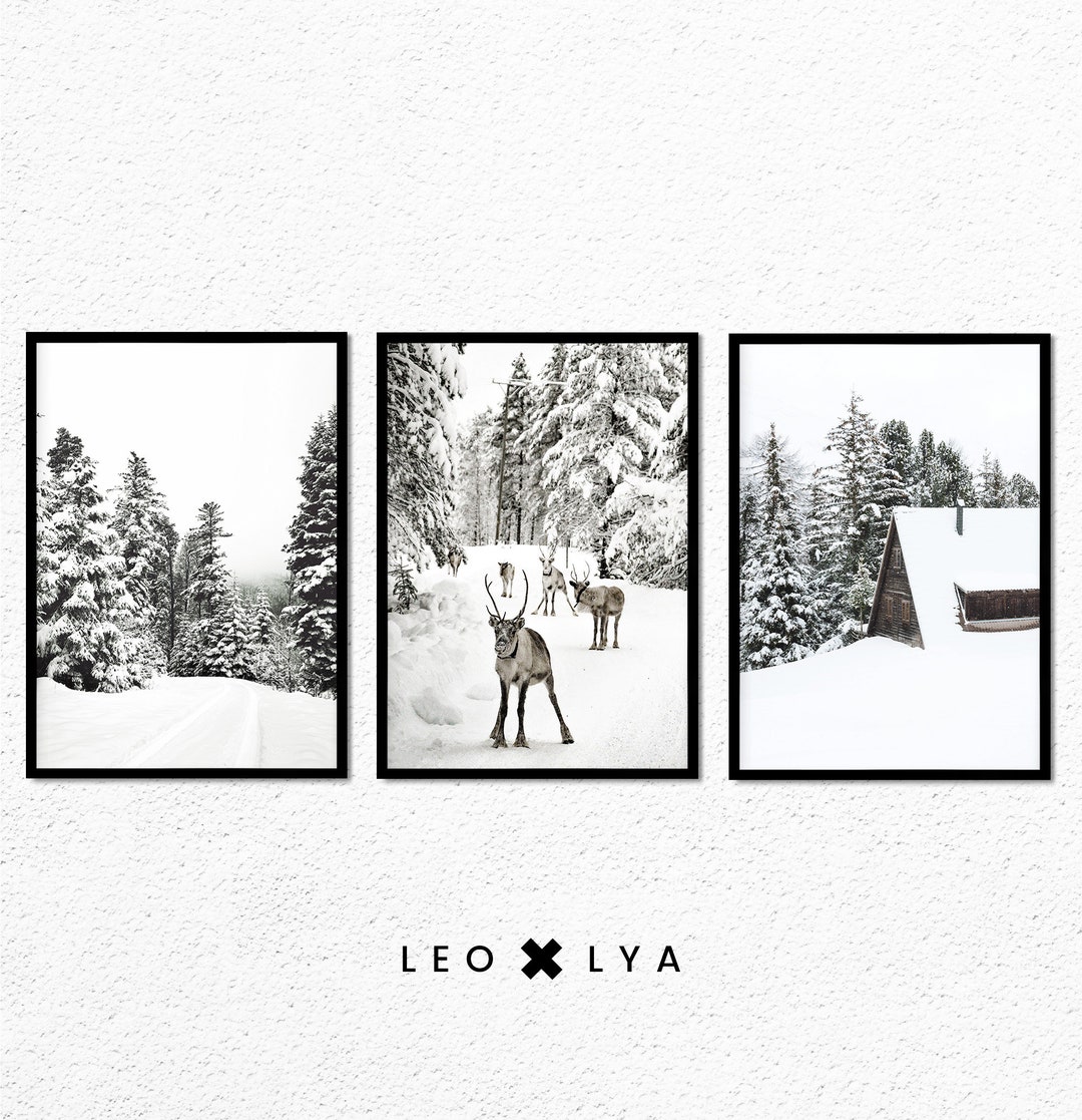 Winter Set of Prints, Reindeer Print, Log Cabin Poster, 3 Piece Winter ...