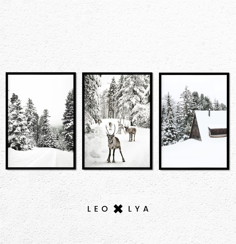 Winter Set of Prints, Reindeer Print, Log Cabin Poster, 3 Piece Winter ...