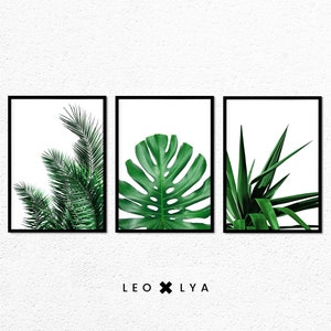 Set of 3 Tropical Leaf, Print Set, Monstera Leaf, Palm Banana, Yucca Leaves, Green Leaves Wall Art, Tropical Print, Botanical Decor