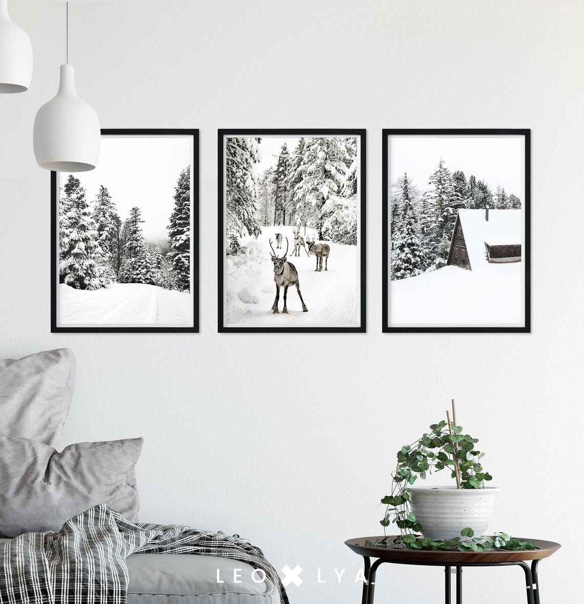 Winter Set of Prints, Reindeer Print, Log Cabin Poster, 3 Piece Winter ...
