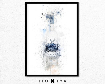 Grijze wodkaposter, wodkaschilderijposter, wodkafles, beste wodkaposter, gestileerd wodkaschilderij, cadeau voor alcoholliefhebbers