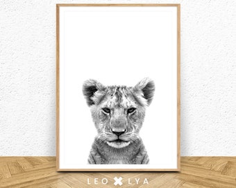 Tierposter, Löwenbabyfoto, Safariposter, Löwe Digitaldruck, afrikanische Dekoration, afrikanische Tiere, Schwarz-Weiß-Naturfoto