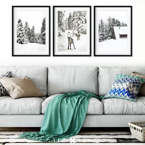 Winter Set of Prints, Reindeer Print, Log Cabin Poster, 3 Piece Winter ...