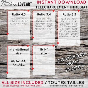 K&ouml;nnte beinhalten: Ein digitaler Download von druckbarem Kunstwerk mit verschiedenen Gr&ouml;&szlig;en in Zoll und Zentimetern. Der Text auf dem Bild lautet "Nature Love Art", "Sofortiger Download", "Sofortiger Download", "Alle Gr&ouml;&szlig;en enthalten", "Alle Gr&ouml;&szlig;en", "5 Dateien enthalten + Anleitungsblatt", "5 Dateien enthalten + Anweisungen", "Download Drucken Rahmen!"
