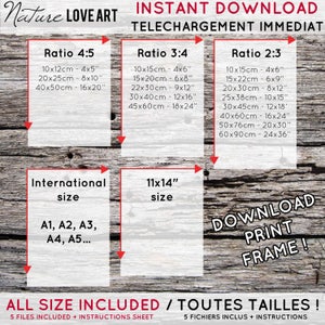 Puede incluir: Una lista de productos de dise&ntilde;o gr&aacute;fico descargable para imprimir arte. La lista incluye cinco archivos en varios tama&ntilde;os, incluyendo 4x5 pulgadas, 8x10 pulgadas, 16x20 pulgadas, 11x14 pulgadas y tama&ntilde;os internacionales como A1, A2, A3, A4 y A5. La lista tambi&eacute;n incluye instrucciones para imprimir y enmarcar el arte.