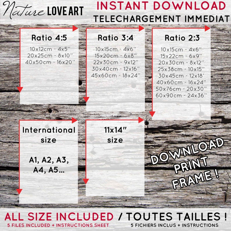 Puede incluir: Una lista de productos de dise&ntilde;o gr&aacute;fico descargable para imprimir arte. La lista incluye cinco archivos en varios tama&ntilde;os, incluyendo 4x5 pulgadas, 8x10 pulgadas, 16x20 pulgadas, 11x14 pulgadas y tama&ntilde;os internacionales como A1, A2, A3, A4 y A5. La lista tambi&eacute;n incluye instrucciones para imprimir y enmarcar el arte.
