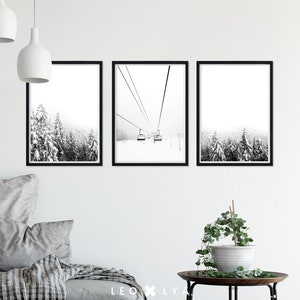 Set of 3 Prints, Winter Snowy Trees Poster, Black White Winter Forest ...