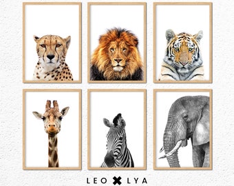 Safari Animal Print, Nursery Printable, Set of 6 Prints, Jungle Animals, Safari Nursery Print, Animal Wall Art, Kids Room Decor