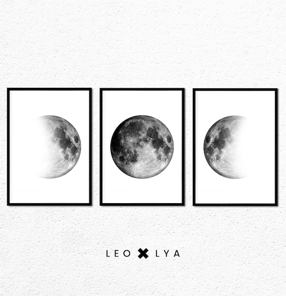 Phases de la lune, ensemble de 3 posters, photo lune, affiche scandinave, décoration moderne, impression murale de lune, noir et blanc