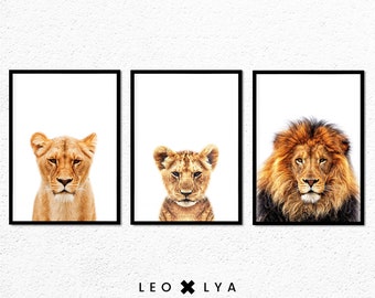 Löwenfoto, Löwinfoto und Löwenjungesfoto, Safari-Poster, Afrikanisches Tier, Löwenposter, Kinderzimmerdekor, Safari-Tiergemälde