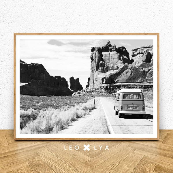 Travel Print, Grand Canyon, Yellow Van Print, Landscape Wall Art, Black And White Art, Road Trip, Arizona Photography, Deep Gorge Photo