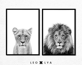 Lion Print Set, Lioness Print, Set of 2 Prints, Large Poster Safari, Nursery Prints, Safari Nursery, Lion Art, Digital Download, Animal Art