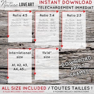 May include: A digital download of printable art featuring a variety of sizes in inches and centimeters. The text on the image reads "Nature Love Art", "Instant Download", "Telechargement immediat", "All Size Included", "Toutes Tailles", "5 Files Included + Instructions Sheet", "5 Fichiers Inclus + Instructions", "Download Print Frame!"