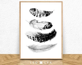 Feather Print, Bohemian Wall Art, Black Feather, Modern Minimal, Feather Wall Decor, Printable Art, Black And White Feather, Wall Prints