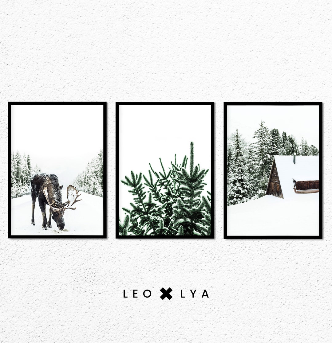 Winter-Themed Triptych with Moose, Log Cabin and Forest