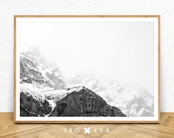 Fotografía de montaña, paisaje nevado, montaña en blanco y negro, póster de naturaleza, foto de paisaje, decoración moderna, impresión fotográfica, imagen