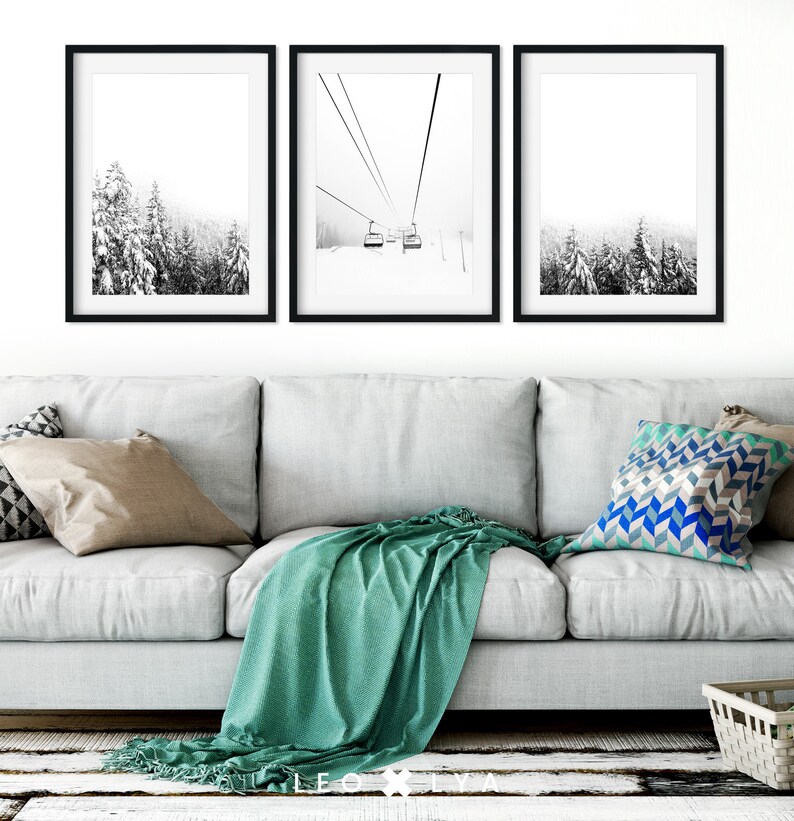 Set of 3 Prints, Winter Snowy Trees Poster, Black White Winter Forest ...