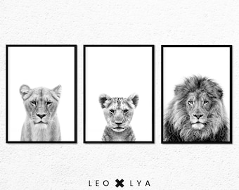 Lion Print Set, Lion Cub Print, Lioness Print, Set of 3 Prints, Safari Nursery Prints, Baby Animal, Kids Wall Art, Lion Art, Animal Art