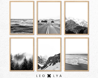 Set of 6 Prints, Black and White Prints, Scandinavian Wall Art, Nordic Print, Landscape Print, Minimalist Print, Wall Art Printable Set