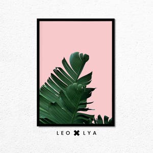 May include: A framed print with a pink background and a green banana leaf in the foreground. The print has the text "LEO x LY A" at the bottom.