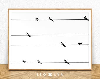 Bird Print, Bird Wall Art, Birds Printable Art, Minimal Wall Art, Black And White Poster, Scandinavian Print, Nordic Print, Birds on Wire