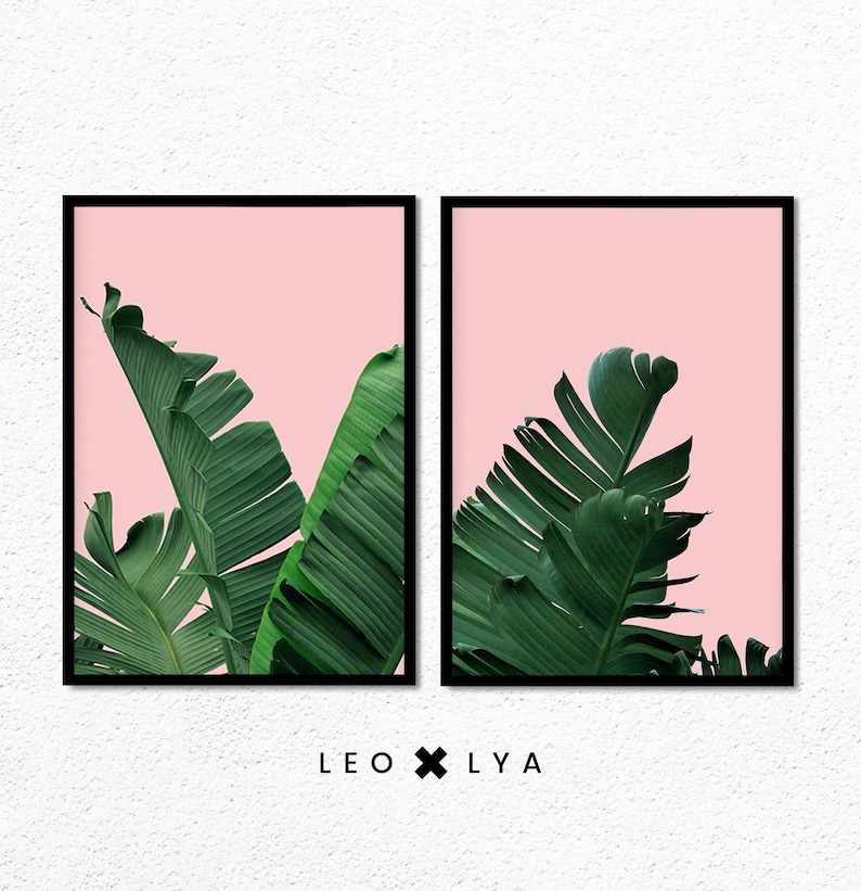 May include: Two framed prints with a pink background and green banana leaves. The prints are side-by-side and have black frames. The text "LEO x LY A" is below the prints.