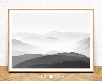 Fotografía de montaña, póster de paisaje, foto de montaña en blanco y negro, póster de montaña, impresión de montaña, lienzo de montaña, paisaje natural