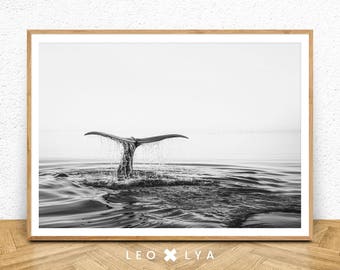 Walschwanz-Poster, Walfoto, Schwarz-Weiß-Ozeanfoto, Schwarz-Weiß-Walfotografie, Wellenposter, Digitaldruck
